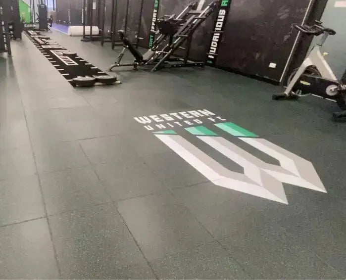 Legend PU Coating over rubber gym flooring with custom logo