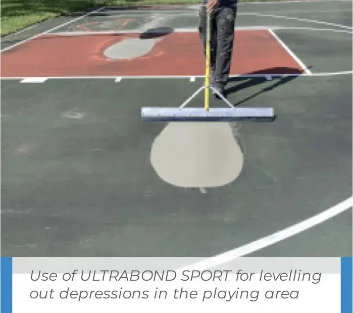 Mapei Ultrabond Sport being applied with a stand up trowel for levelling out depressions